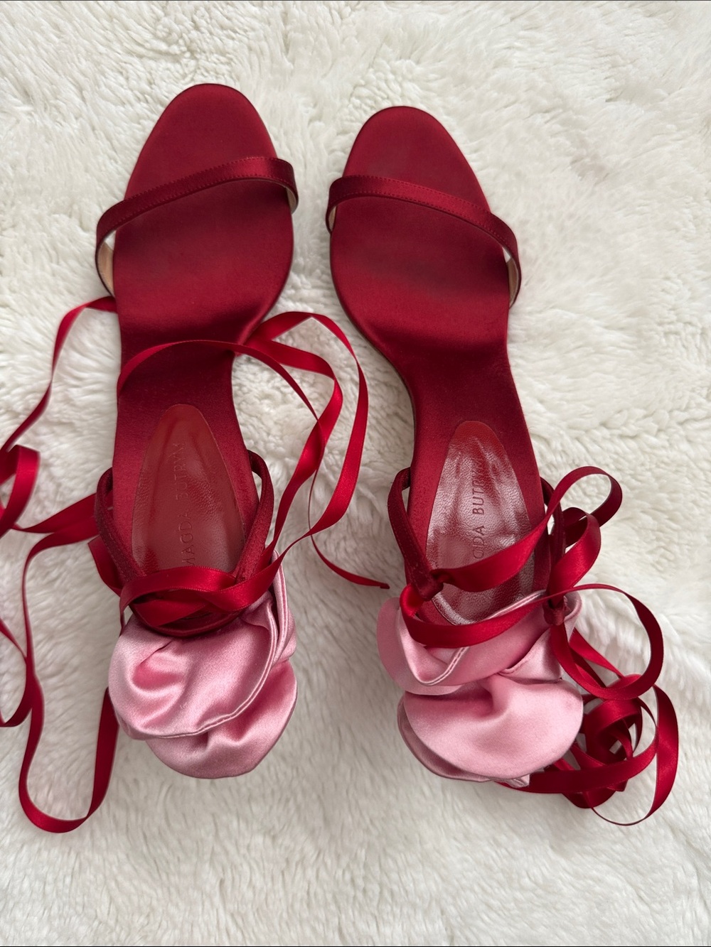 Magda Butrym Red Satin Lace-Up Heels with Pink Rosette Accents